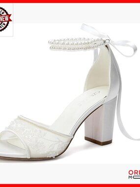 Bridal Sandals with Pearl Ankle Strap Lace Detail Block Heel Wedding Shoes